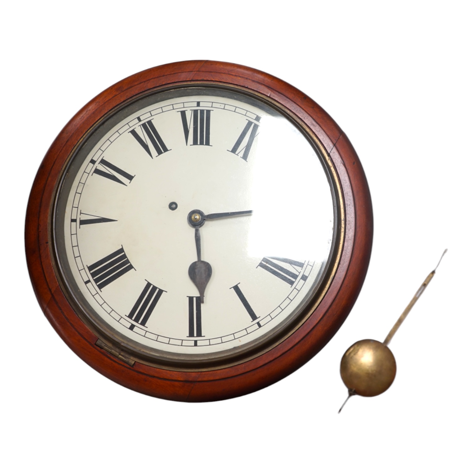 A Victorian mahogany wall clock with pendulum, single fusee movement, 39cm diameter. Condition - fair to good, not tested